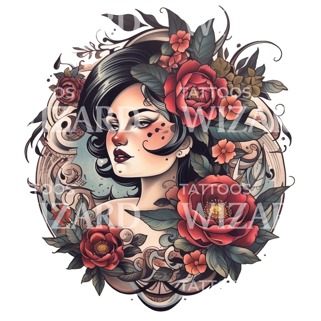 Neotraditional Woman with Flowers Design