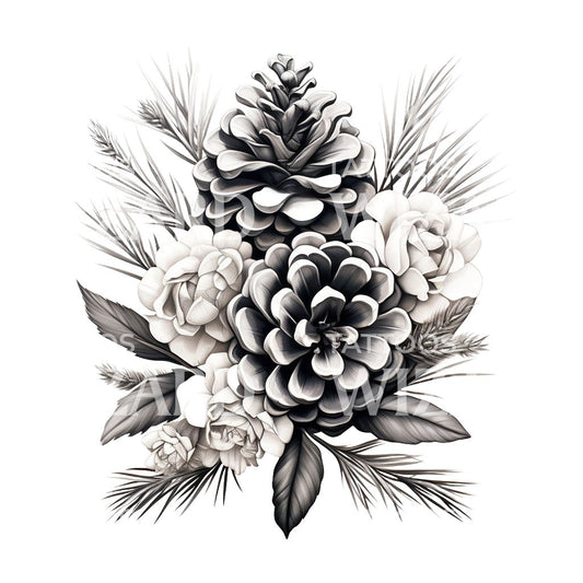 Conception de tatouage de composition de pommes de pin et de roses
