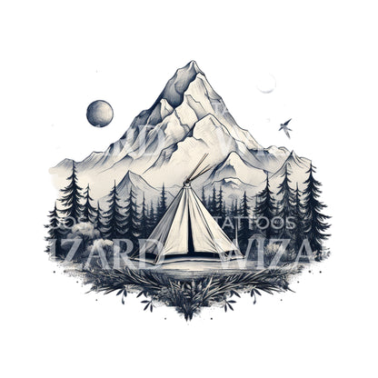 Teepee Tent and Mountain Landscape Tattoo Design