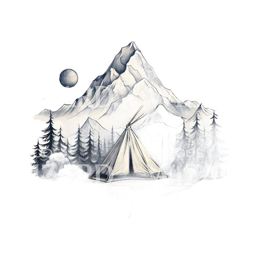 Conception de tatouage de tente tipi et de paysage de montagne