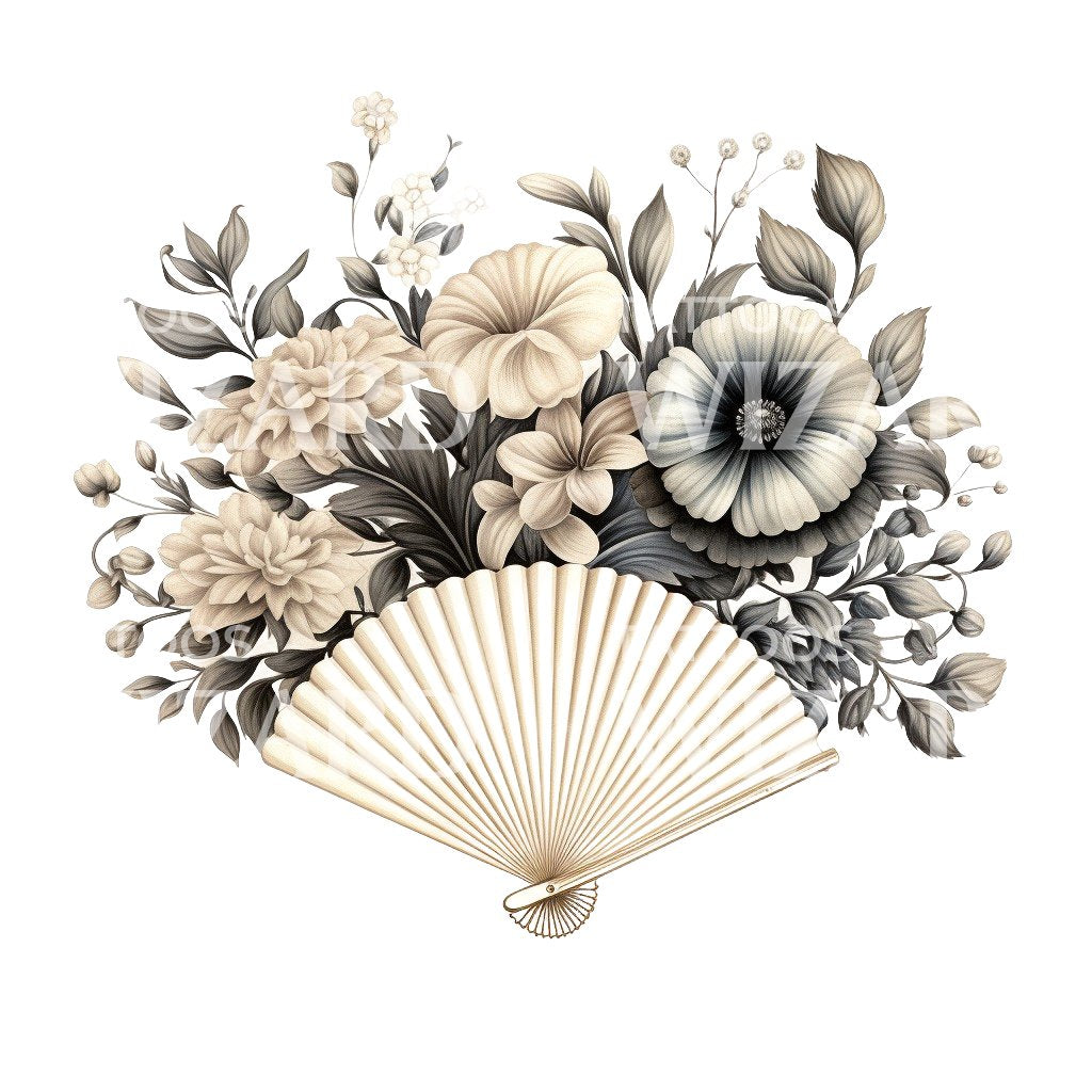 Cute Fan with Flowers Bouquet Tattoo Design