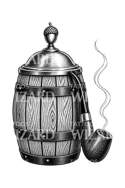Tatueringsillustration av ekburk för tobak och pipa