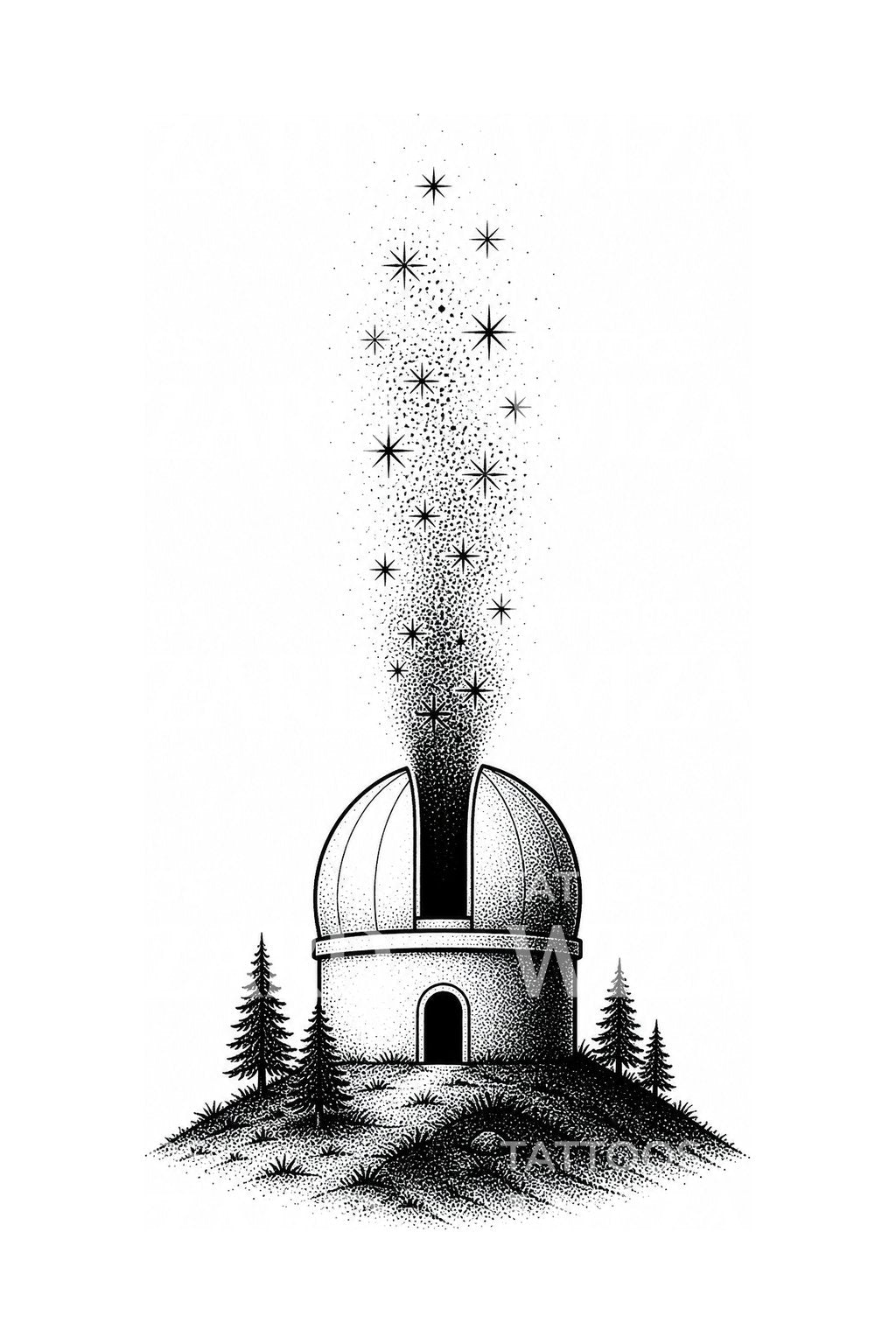 Observatory Dome and Rising Stars Tattoo Illustration