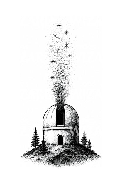 Observatory Dome and Rising Stars Tattoo Illustration