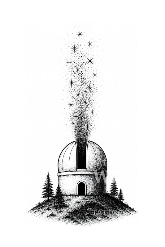 Observatory Dome and Rising Stars Tattoo Illustration
