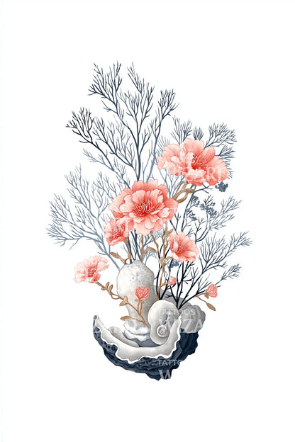 Ocean Coral Wildflowers Tattoo Illustration