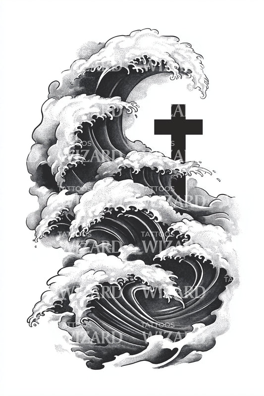 Ocean Curl Cross Tattoo Design