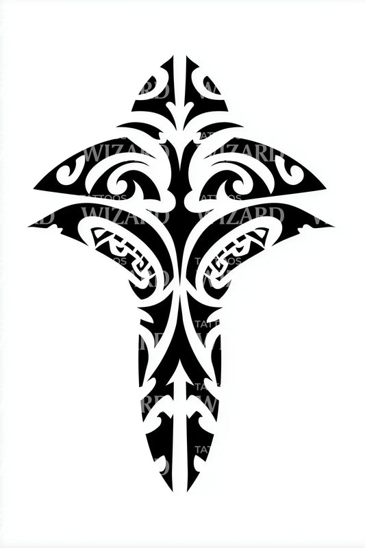 Ocean Spear Tribal Cross Tattoo Design