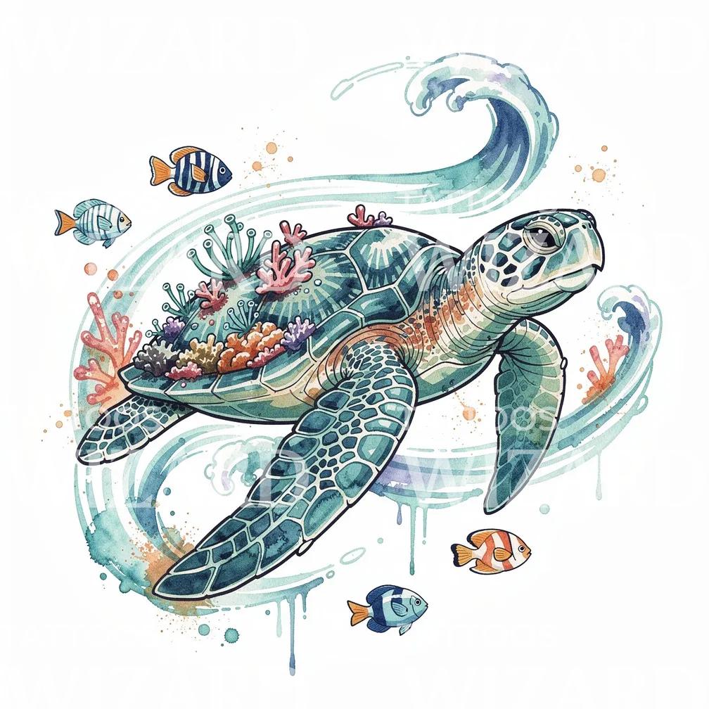 Design de tatouage tortue et récif océanique
