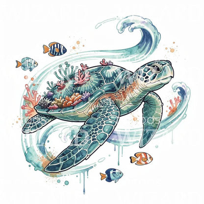 Design de tatouage tortue et récif océanique