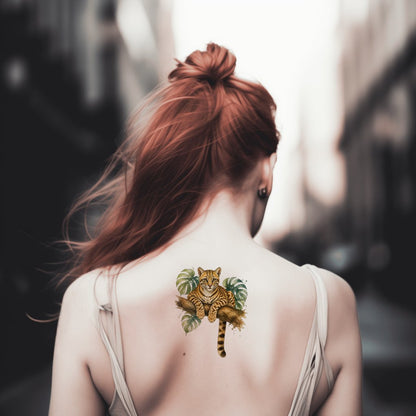 Ocelot Watching from a Branch Tattoo Design