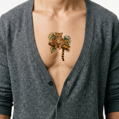 Ocelot Watching from a Branch Tattoo Design