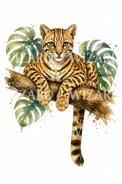 Ocelot Watching from a Branch Tattoo Design
