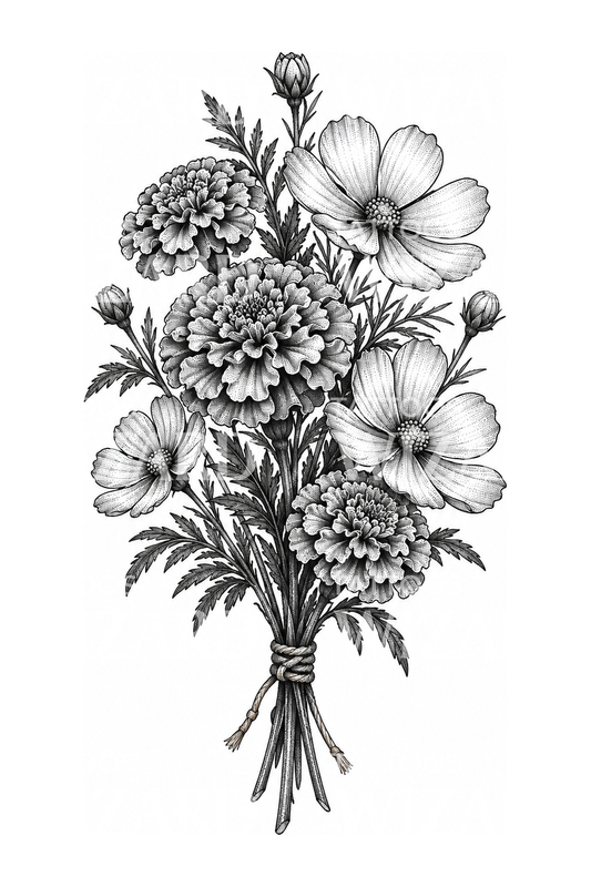 Tatuagem dotwork de ramo de calêndulas e cosmos, flores de nascimento de outubro