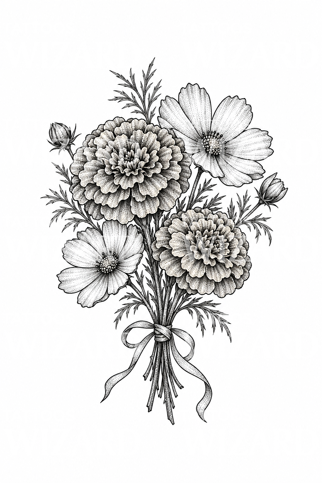 Tattoo-design med bukett av ringblomst og cosmos for oktober