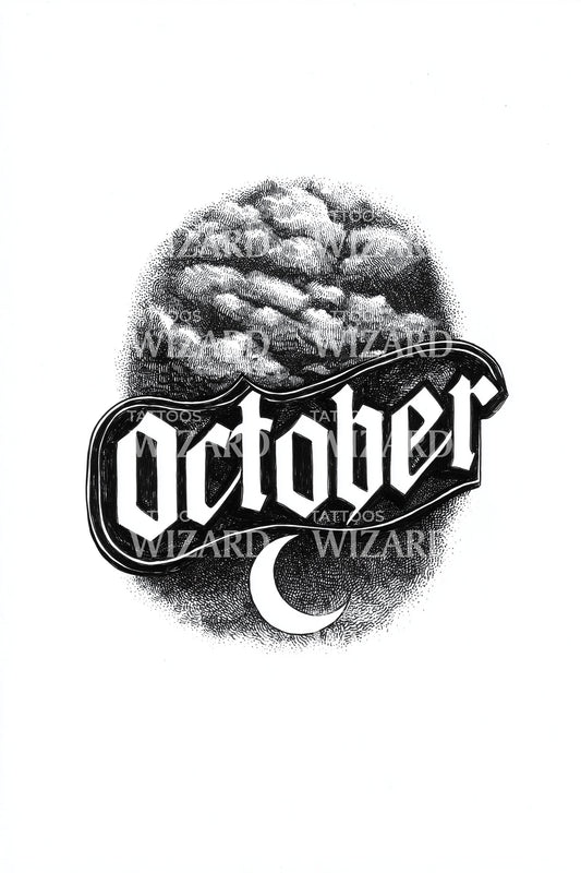 October Lunar Sphere Script Tattoo Design