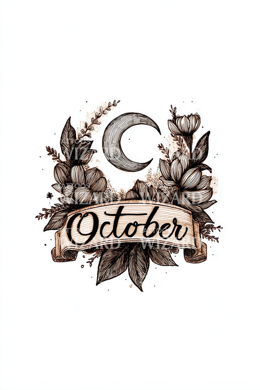 October Moon and Leaves Tattoo Design