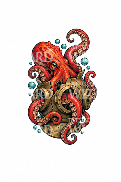 Neotraditional-Tattoo mit aus Messingtauchhelm brechendem Oktopus