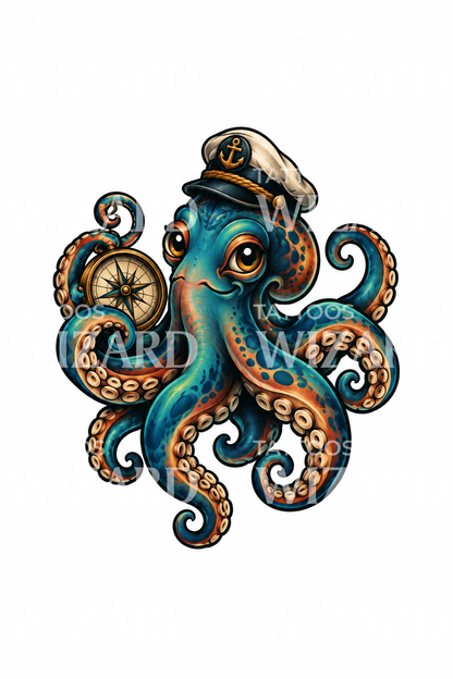 Octopus Captain with Compass Neo Traditional Tattoo Idea