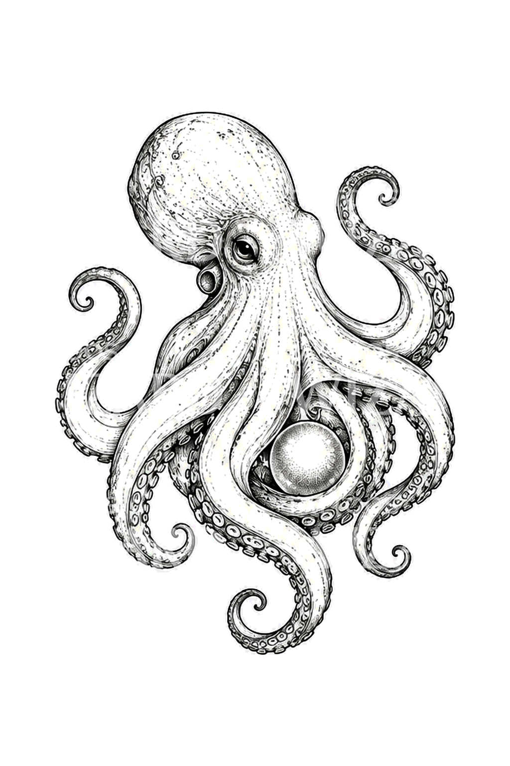 Octopus Cradling a Pearl Fine Line Tattoo