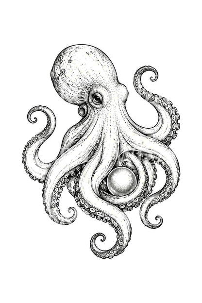Octopus Cradling a Pearl Fine Line Tattoo