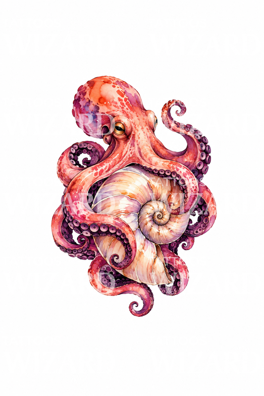 Octopus Holding Nautilus Shell Watercolor Tattoo Design