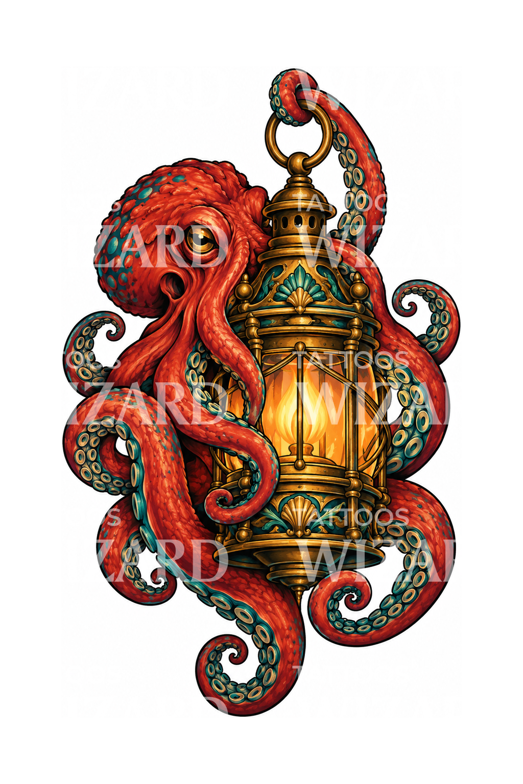 Tetování chobotnice držící lodní lucernu