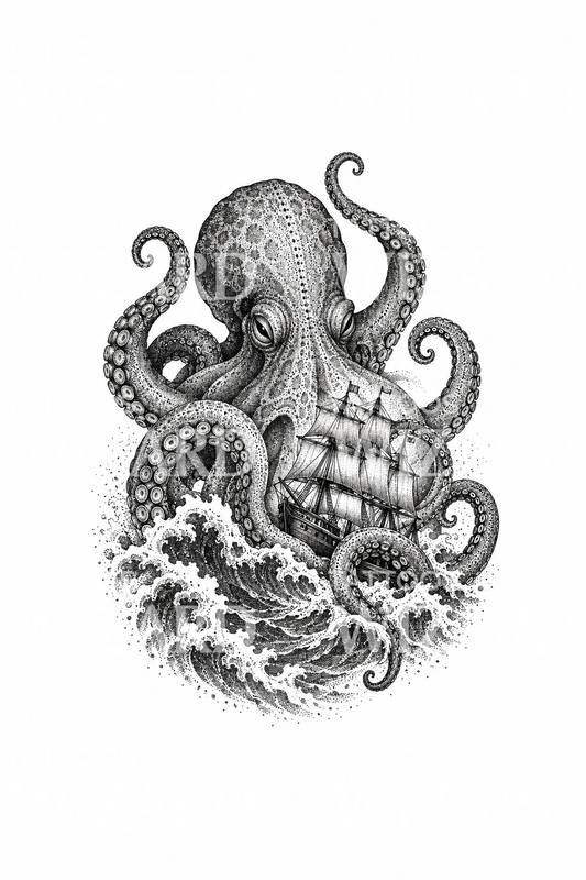 Polpo che avvolge una nave, tatuaggio dotwork