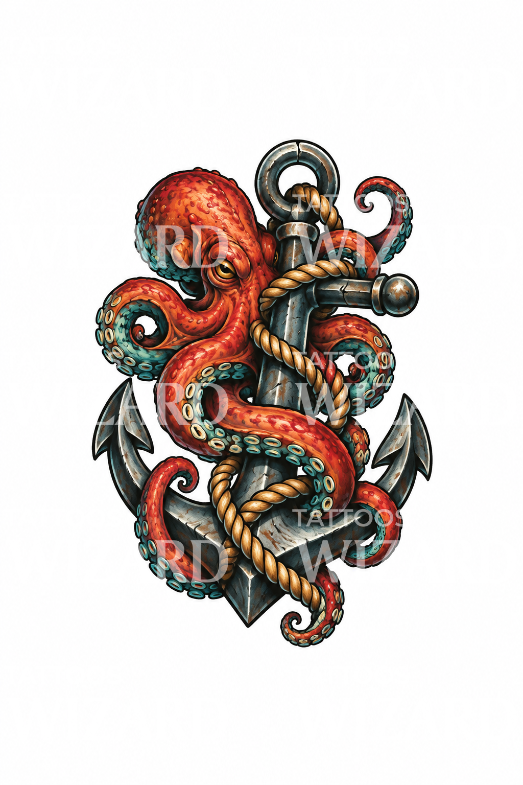 Oktopus umschlingt Schiffsanker im Neo-Traditional-Stil