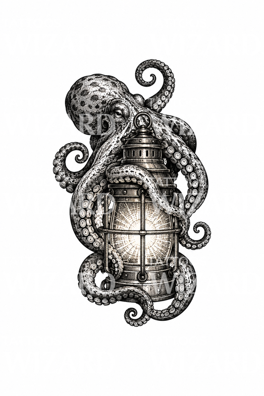 Gurita melilit lentera kapal dalam desain tato dotwork