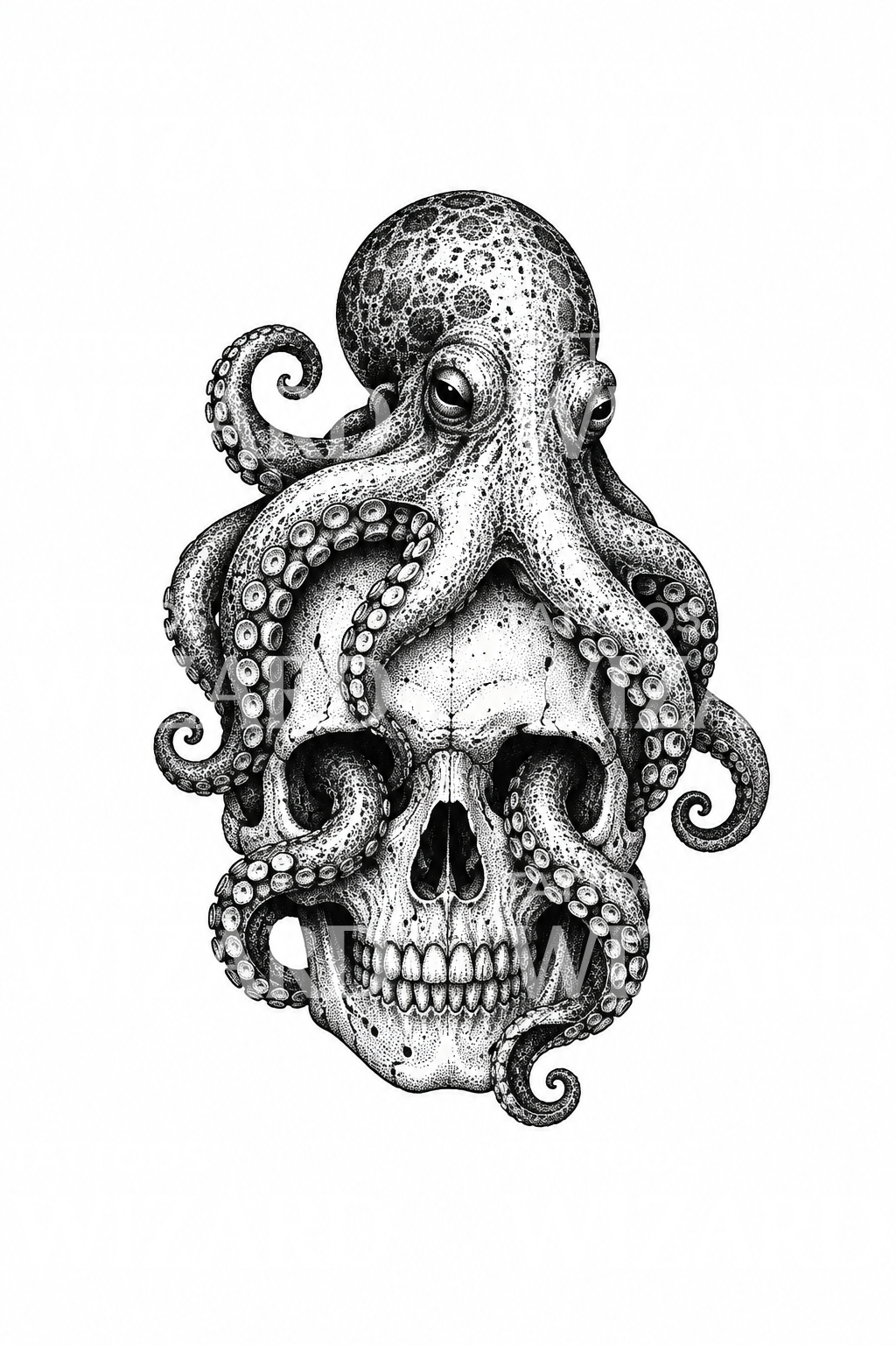 Chobotnice omotaná kolem lebky, dotwork tetovací design