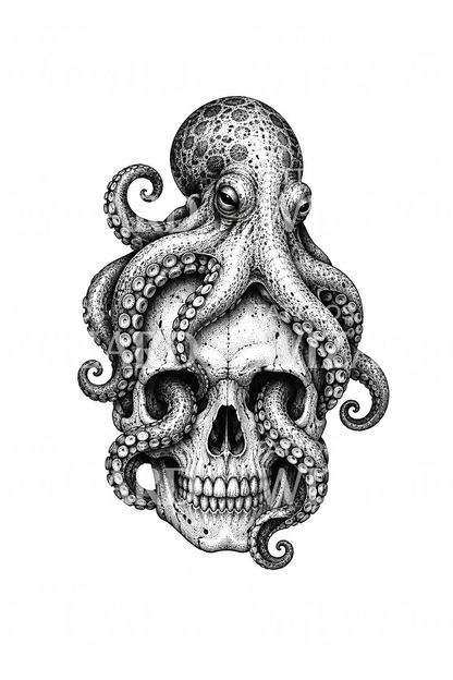 Chobotnice omotaná kolem lebky, dotwork tetovací design