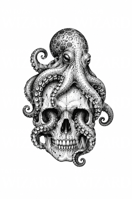 Octopus Wrapped over Skull Dotwork Tattoo Design