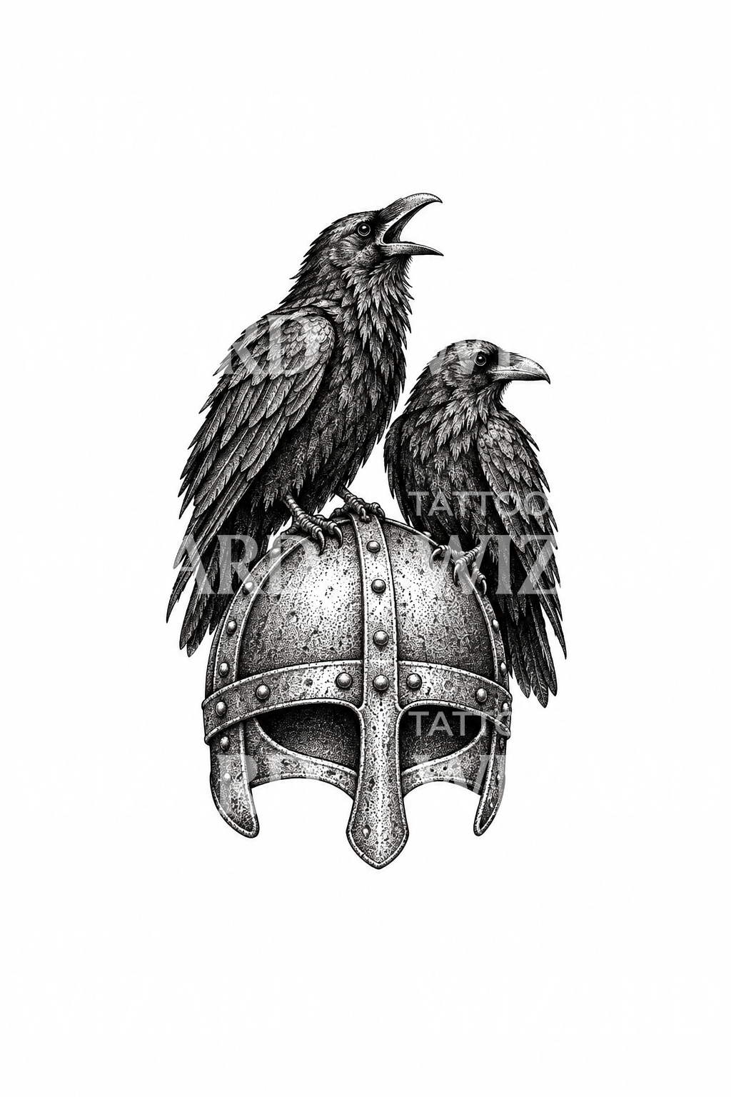 Tatuagem dotwork dos corvos de Odin num capacete viking