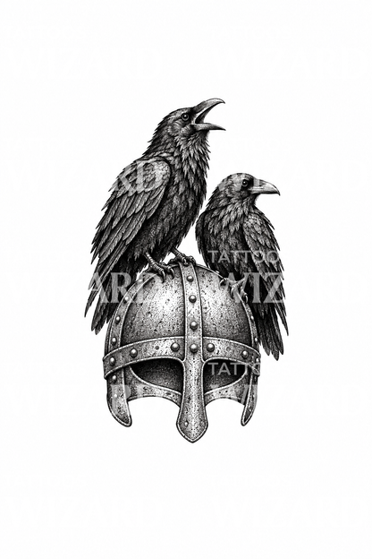 Tatuagem dotwork dos corvos de Odin num capacete viking
