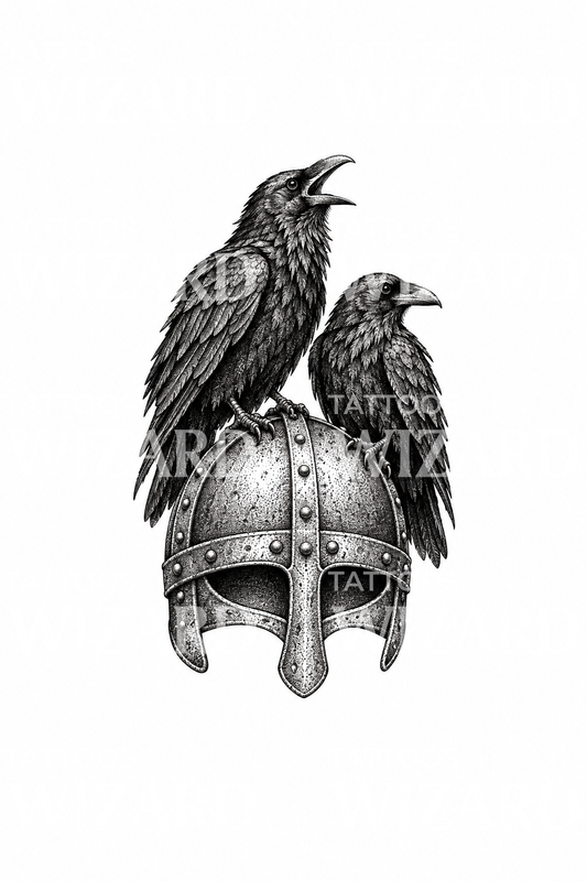 Dotwork-Tattoo mit Odins Raben auf einem Wikingerhelm