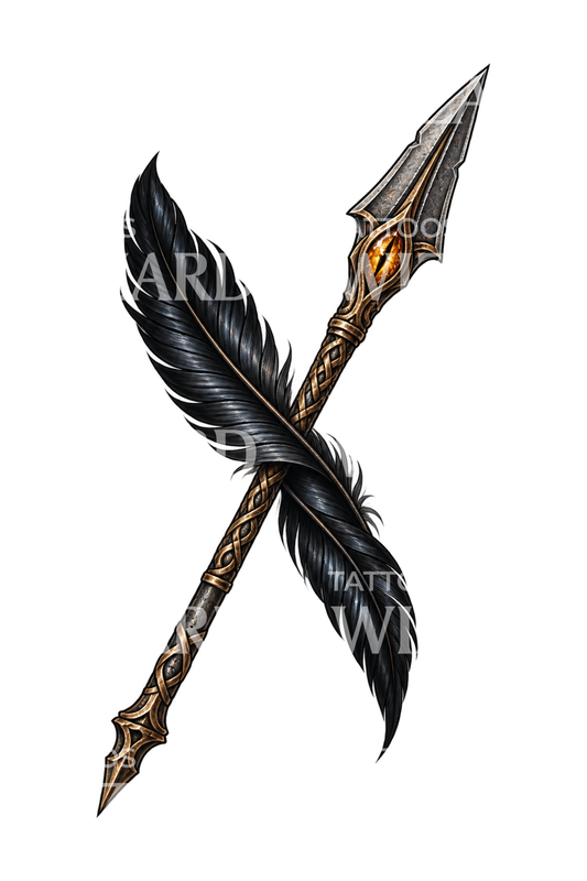 Design de tatuagem da lança Gungnir de Odin com pena de corvo