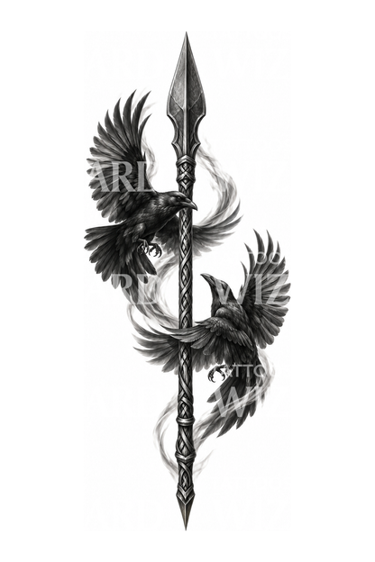 Tatuagem da lança Gungnir de Odin com dois corvos