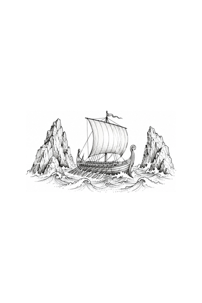 Odysseus Greek Galley between Sea Rocks Fine Line Tattoo