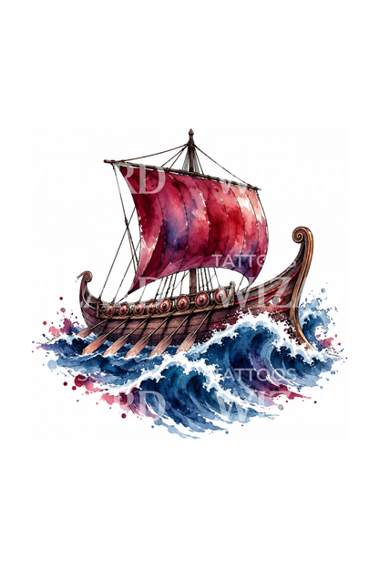 Akvarelltatuering av Odysseus grekiska galär