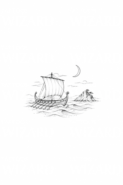 Fine line-tatoeage van Odysseus' Griekse schip op weg naar huis