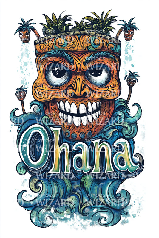 Ohana Tiki Mask Tattoo Illustration
