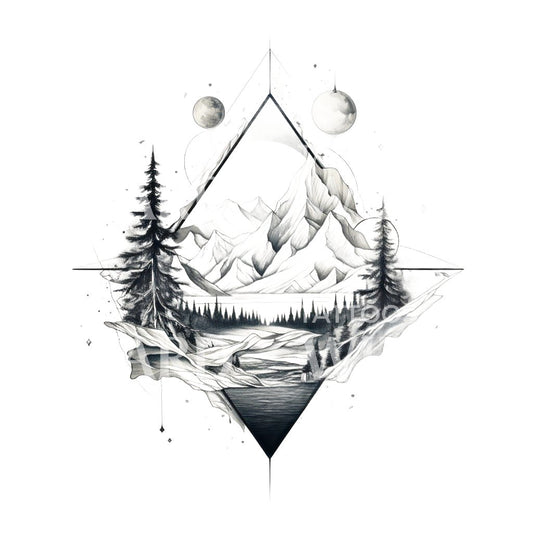 Ein Tattoo-Design mit Berglandschaft und Kosmos