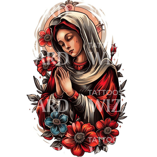 OId School Virgin Mary Mother of Jesus Tattoo Design