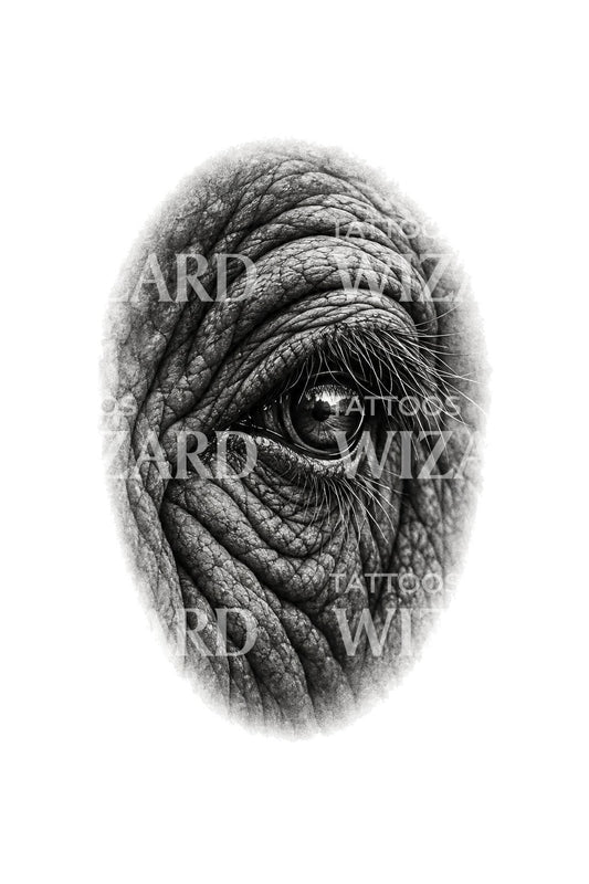Tattoo-Illustration eines alten Elefantenauges mit faltiger Haut