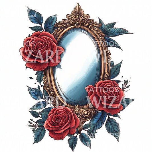 Ancien miroir avec design de tatouage de roses rouges