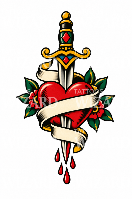 Diseño de tatuaje old school de daga atravesando corazón con pancarta