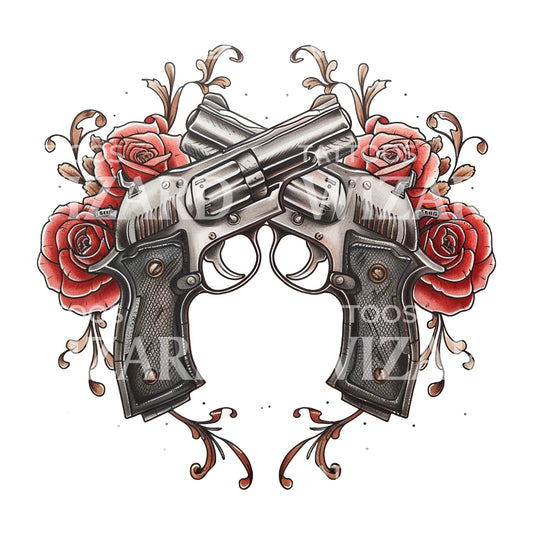 Old School Waffen mit Rosen Tattoo Design