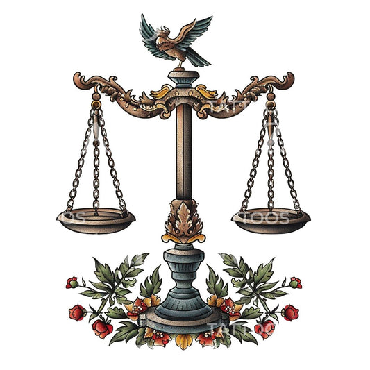 Conception de tatouage de balance de justice à l’ancienne
