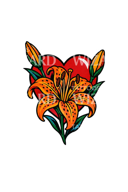 Old-School-Tattoo-Design mit Tigerlilienherz